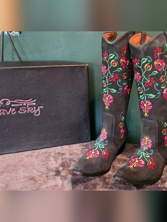 Agave Sky Shoes - Agave Sky Suede Knee-High Heeled Boots with Red & Green Floral Embroidery